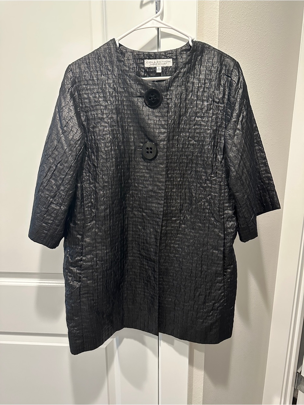 Harvé Benard Black Lined Button Mid-Length Jacket 3/4 Sleeve Womens Size 6
